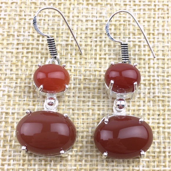 New Carnelian Prong Set Cabochon Stone Silver Hook Earrings - Picture 1 of 6